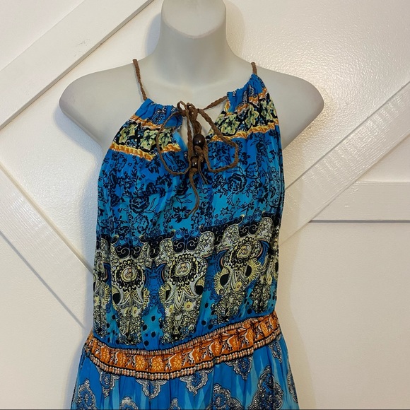 NEW Raga Floral Boho Printed Braided Tie Maxi Length Dress Multicolor Blue Sz S - Picture 4 of 6